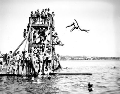 Divers at Green Lake Beach - 1936, from the Seattle Municipal Archives